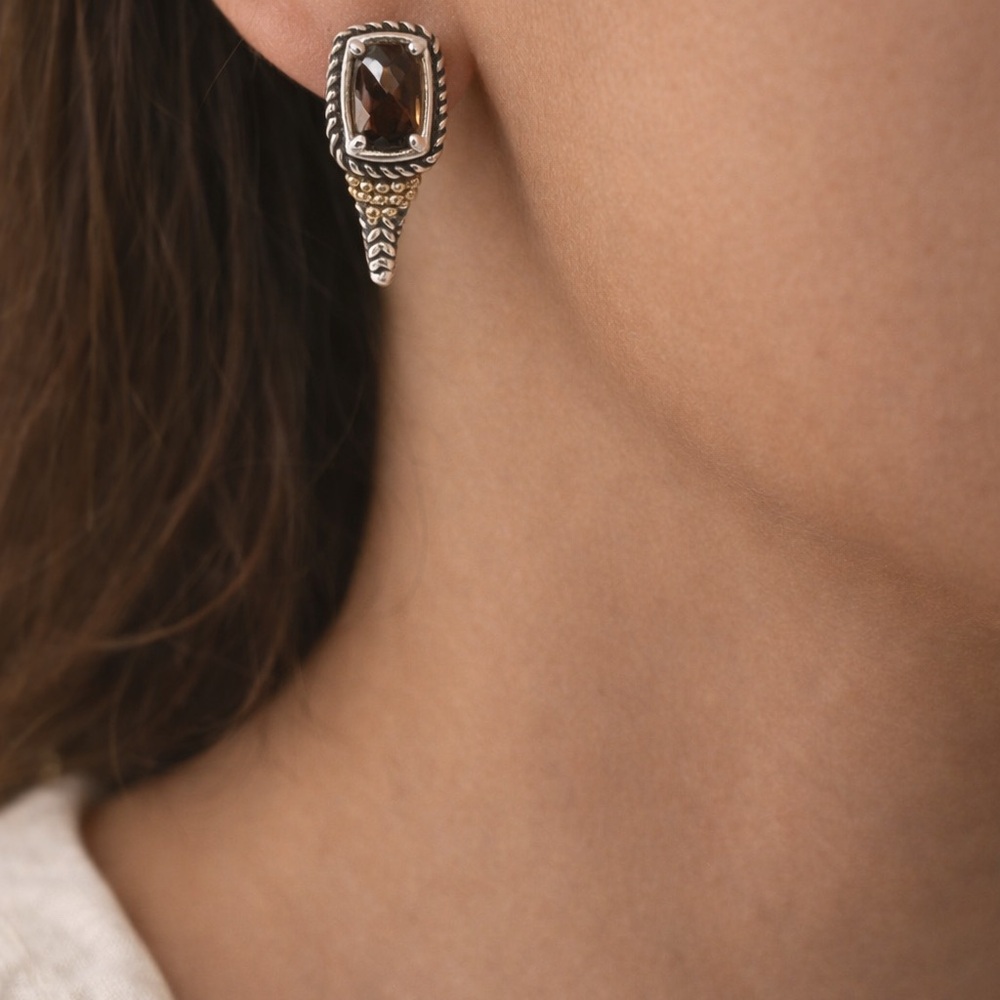 14K Gold & Sterling Silver Smoky Topaz Earrings Thailand Signed - Picture 4 of 8